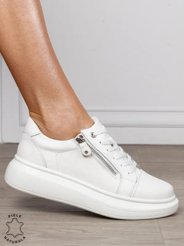 Pantofi Casual Damă din Piele Naturală cu Fermoar Lateral CRL1801 ALB