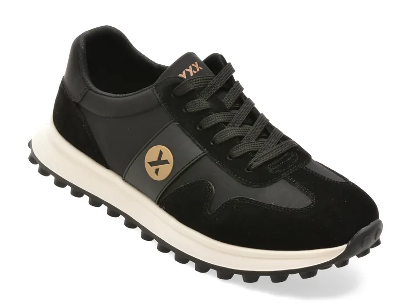 Pantofi sport negri, 58373, din material textil si piele naturala