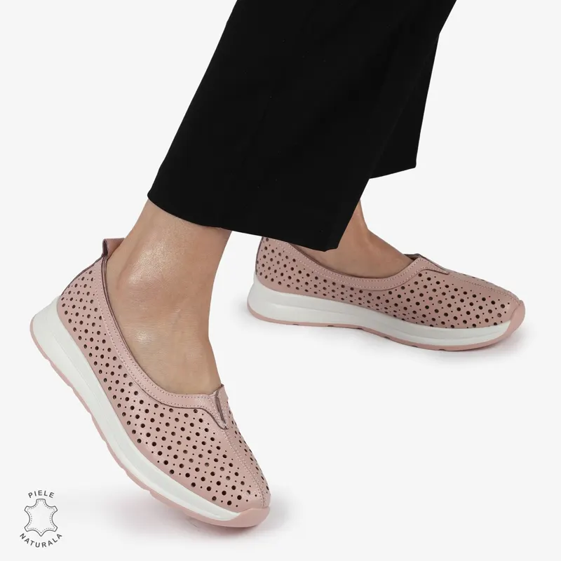 Balerini dama din Piele Naturala PERFORATA CU FUNDITA CRL1417 ROZ