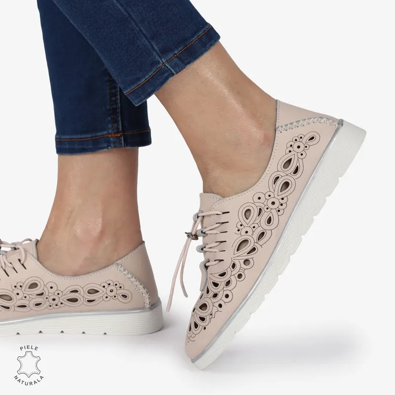 PANTOFI CASUAL dama din Piele naturala PERFORATA CU MODEL CRL1356 ROZ