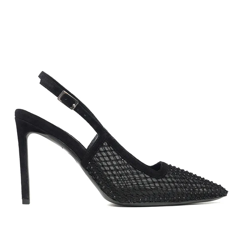 Pantofi Iana Piele Intoarsa/Plasa cu Aplicatii Stralucitoare, Negru - Premium Collection