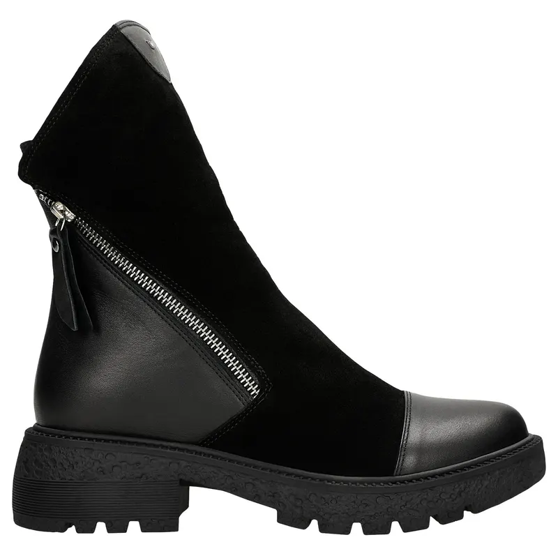 Botine negre din piele combinata cu fermoar decorativ damă