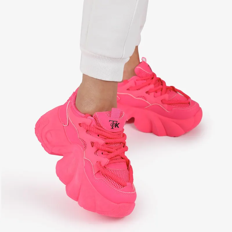 SNEAKERS din PIELE ECOLOGICA SI TEXTIL CU SIRETURI DUBLE SI TALPA INALTA CRL1287 ROZ