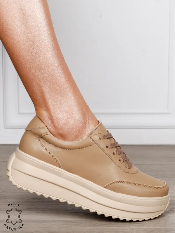 Pantofi casual dama din piele naturala cu șiret comozi și versatili CRL1444 KHAKI