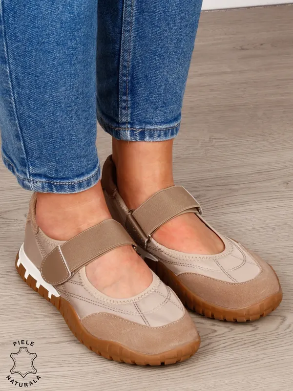 Balerini damă din piele naturală întoarsă și material textil, cu branț din piele naturală CRL1562 khaki
