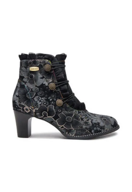 Botine dama - piele naturala - negru - model floral