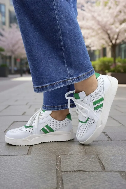 Sneakers din Piele Albi cu Verde - PESTY WHITE