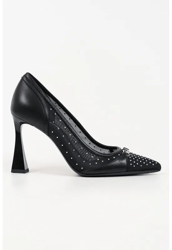 Pantofi din piele si material textil cu toc kitten - Negru/Argintiu