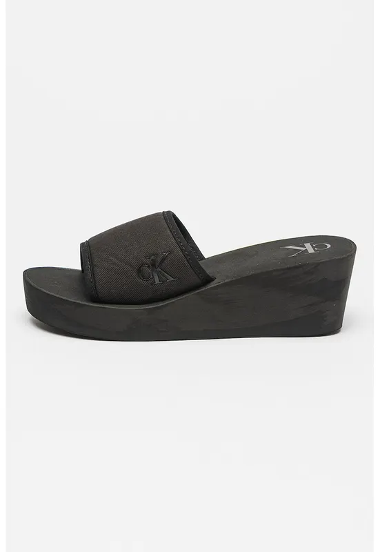 Papuci cu talpa wedge si detaliu logo - Negru