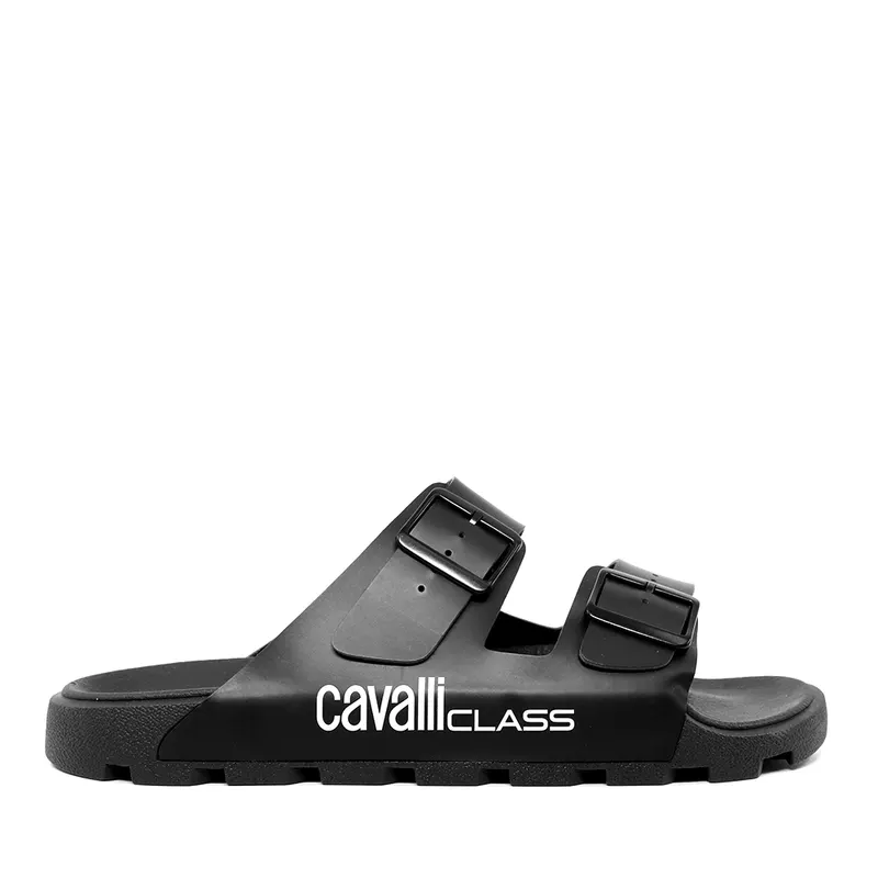 Șlapi bărbați Cavalli Class negri din cauciuc cu logo imprimat lateral 3497BST24131N