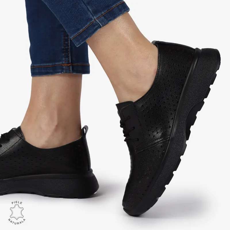 PANTOFI CASUAL dama din Piele naturala Perforata cu Siret CRL1354 NEGRU