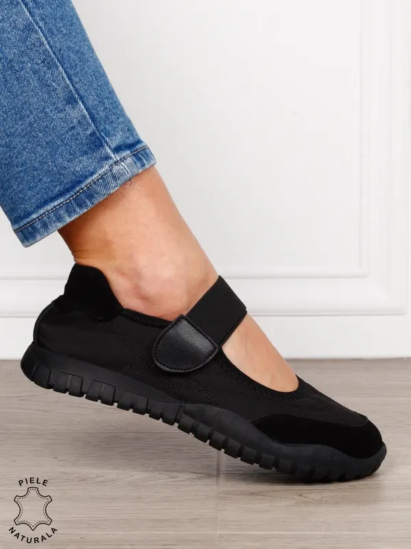 Balerini damă din piele naturală întoarsă și material textil, cu branț din piele naturală CRL1562 NEGRU