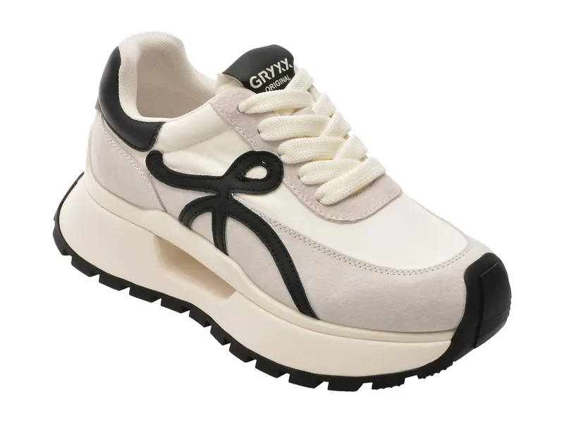 Pantofi sport gri, 1006, din material textil si piele naturala