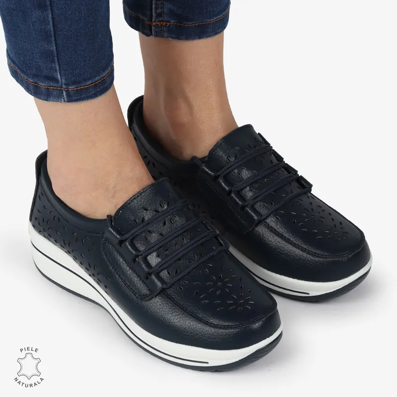 Mocasini dama din Piele Naturala Perforati CRL1364 NAVY