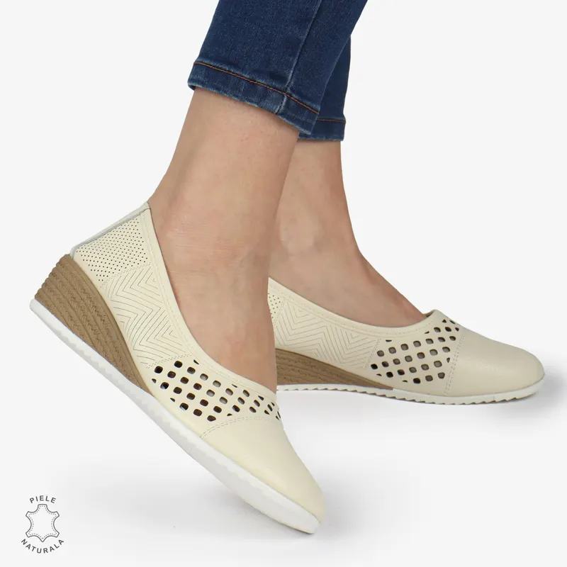 Pantofi Perforati Dama Piele Naturala Slip-on CRL0077 BEIGE