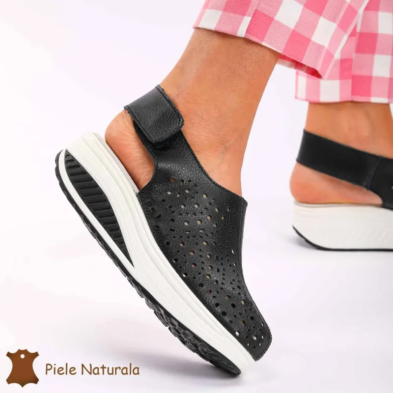 Pantofi Perforati dama din Piele Naturala cu talpa inalta CRL0186 NEGRU