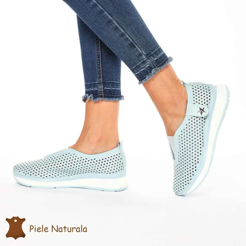 Pantofi Perforati Dama Piele naturală CRL0098 ALBASTRU