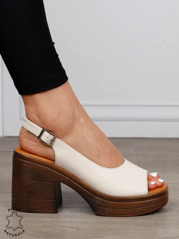 Sandale dama din Piele Naturala model clasic cu toc gros si inalt CRL1641 BEJ