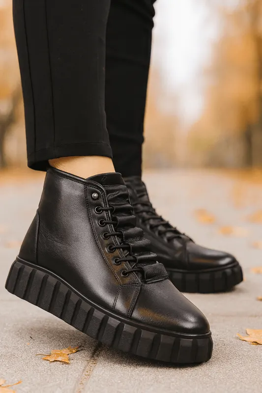 Ghete Casual din Piele Box Negre - PIKA