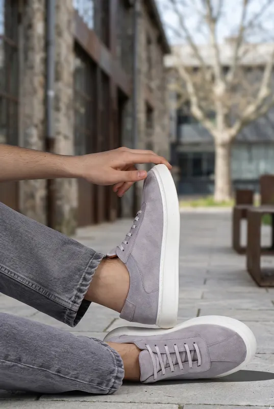 Pantofi Casual din Piele Intoarsa Gri cu Siret - FYLL GREY