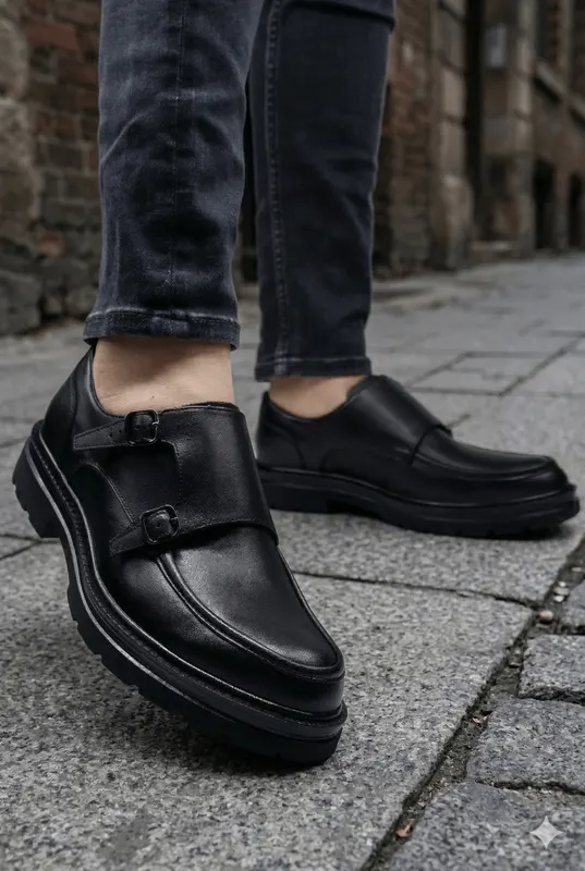 Pantofi Barbati Strap din Piele Naturala Negri – Grevy Black