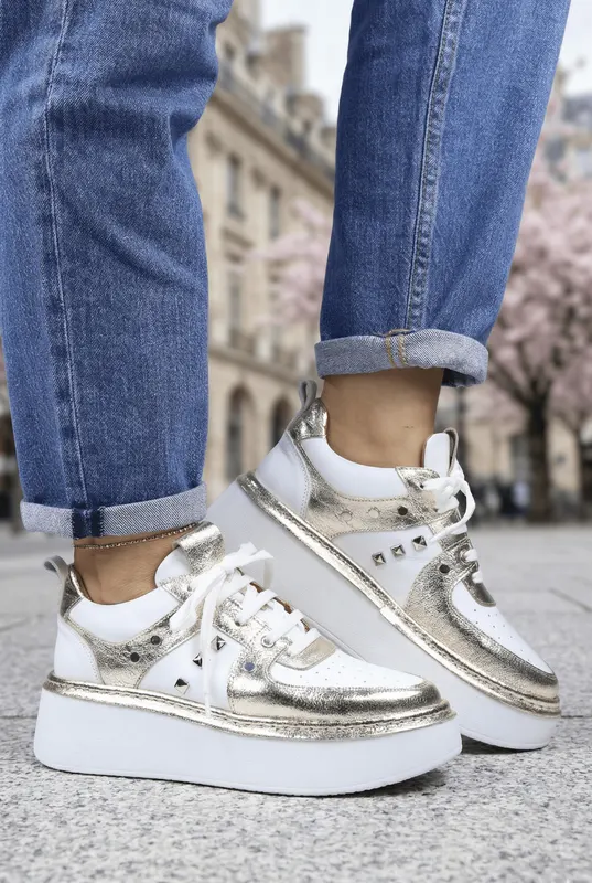 Sneakers din Piele Albi cu Auriu - ALXY GOLD
