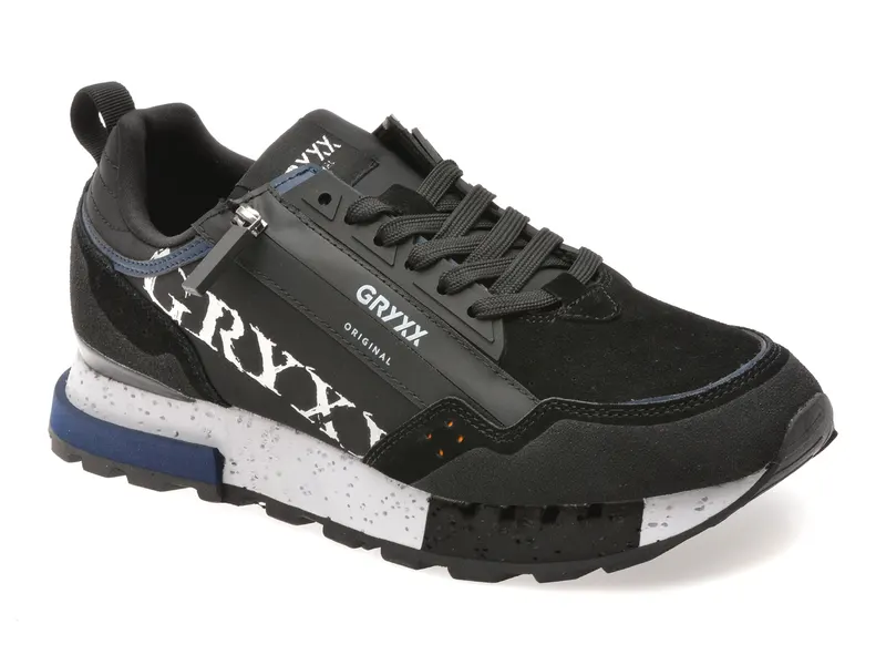 Pantofi sport negri, 6013, din material textil si piele naturala