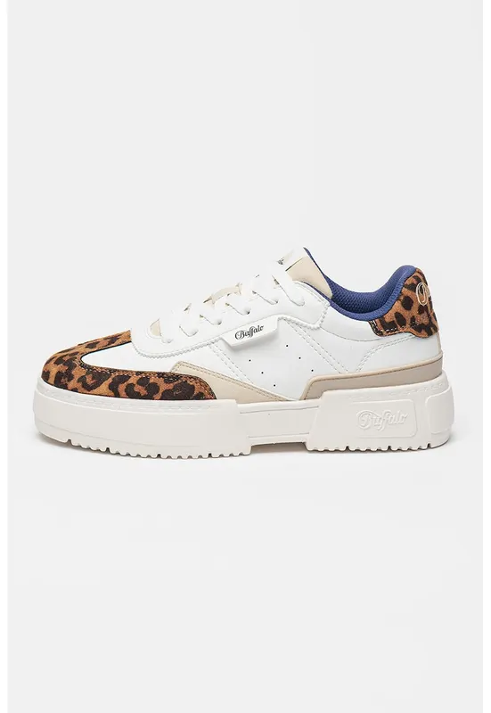 Pantofi sport cu talpa flatform si detaliu cu animal print - Alb/Negru/Portocaliu persan
