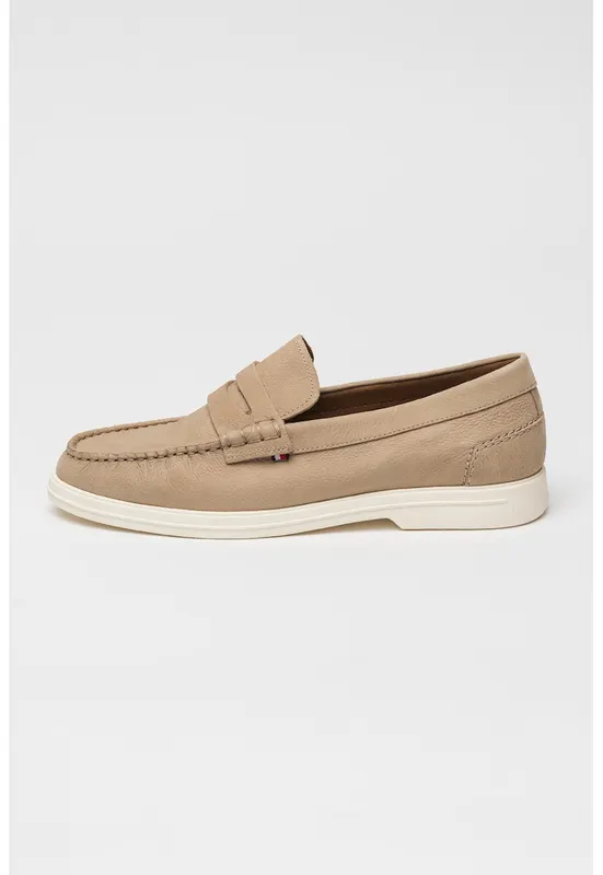 Pantofi loafer din piele intoarsa cu varf rotund - Maro nisip