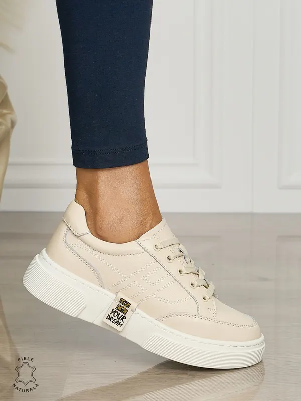 Pantofi dama din piele naturala cu siret CONFORTABILE CU MODEL LATERAL CRL1461 BEJ