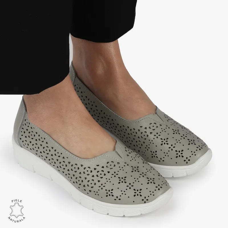 Balerini dama din Piele Naturala CU MICI PERFORATI CRL1416 GRI