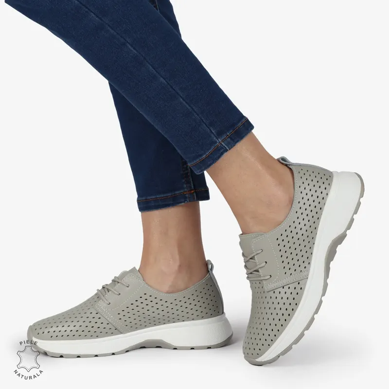 PANTOFI CASUAL dama din Piele naturala Perforata cu Siret CRL1354 GRI