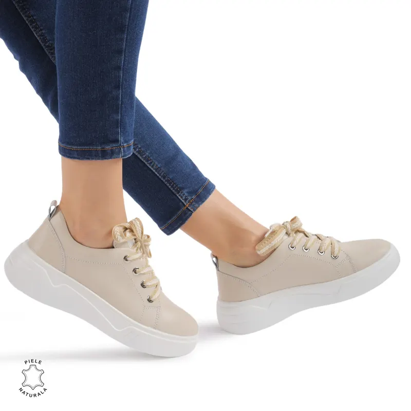Pantofi casual dama piele naturala cu siret multicolor gros CRL0874 BEJ