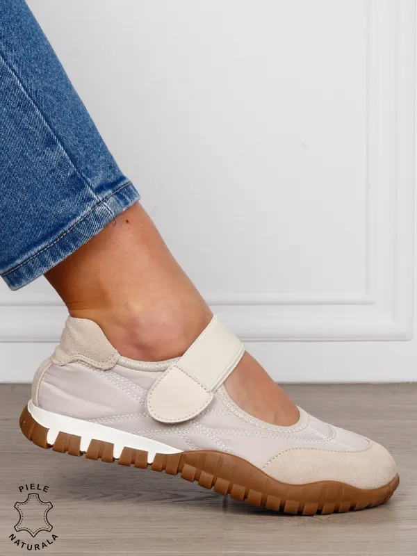 Balerini damă din piele naturală întoarsă și material textil, cu branț din piele naturală CRL1562 BEJ