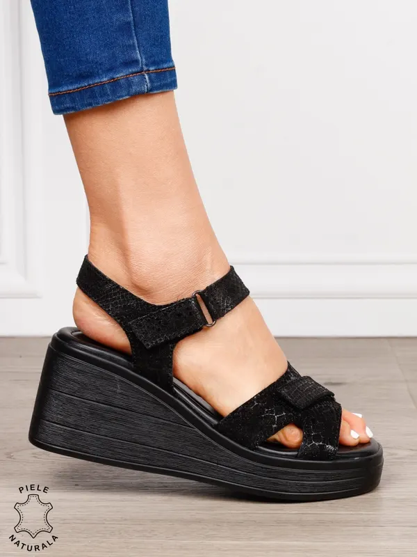 Sandale damă din piele naturală model premium cu platformă CRL1649 NEGRU