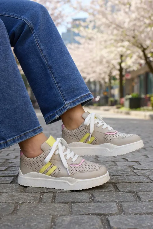 Sneakers din Piele Gri cu Galben - PESTY TAUPE
