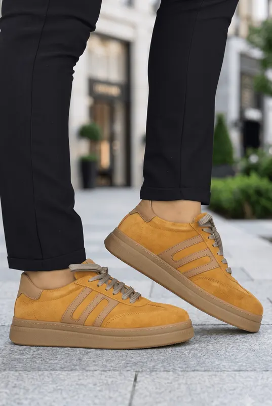Sneakers din Piele Intoarsa CAMEL - GEZ COGNAC