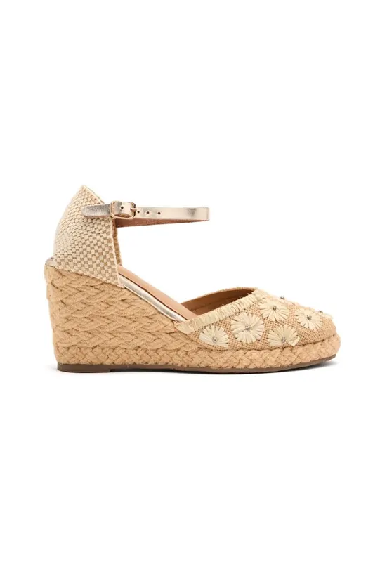 Espadrile tesute cu talpa wedge si garnituri din piele - Bej deschis
