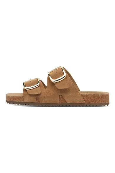 Papuci din piele intoarsa cu catarame - Caramel