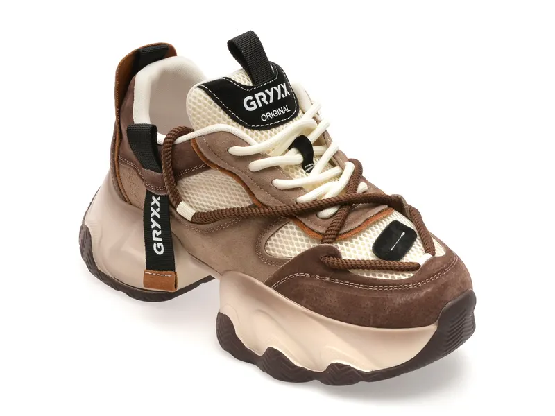 Pantofi sport maro, 3281, din material textil si piele naturala