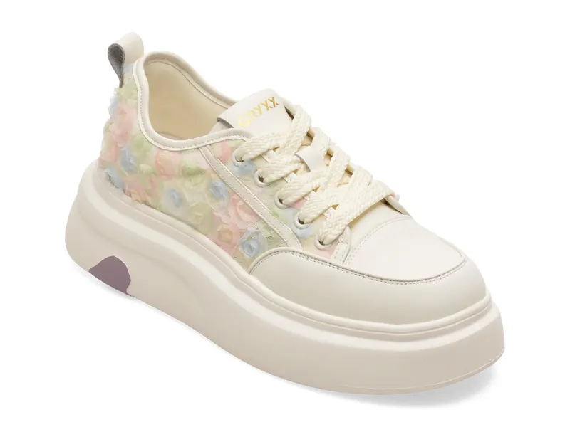Pantofi sport albi, 25388, din material textil si piele naturala