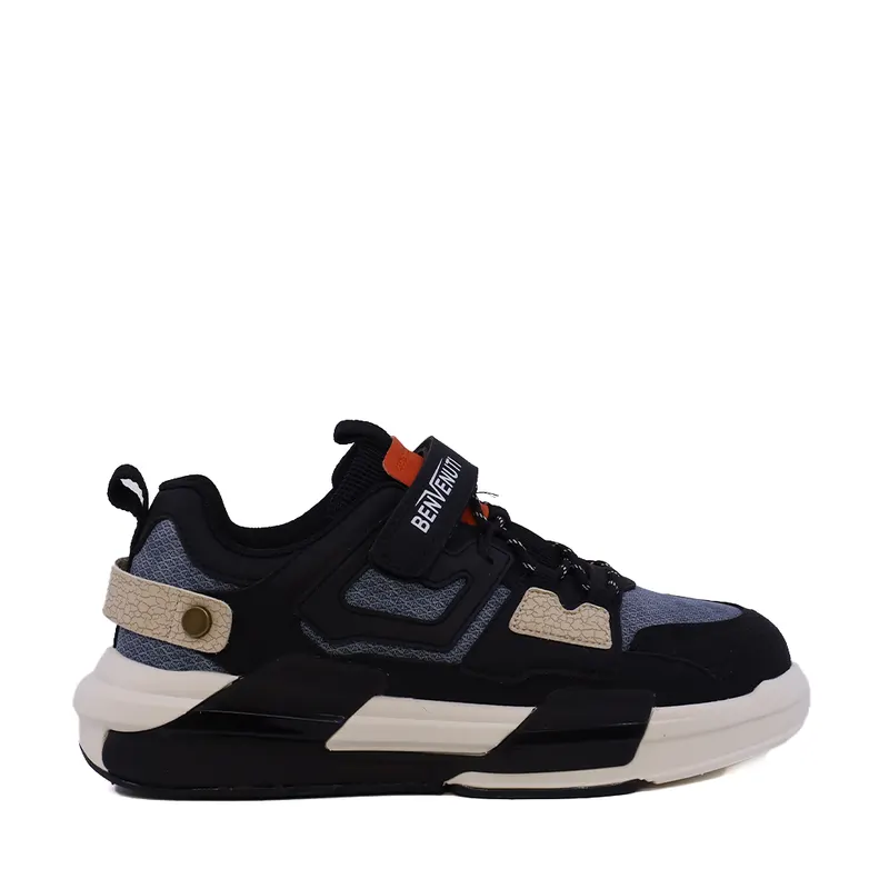 Sneakers baieți negri din piele și material textil 3791MP023N