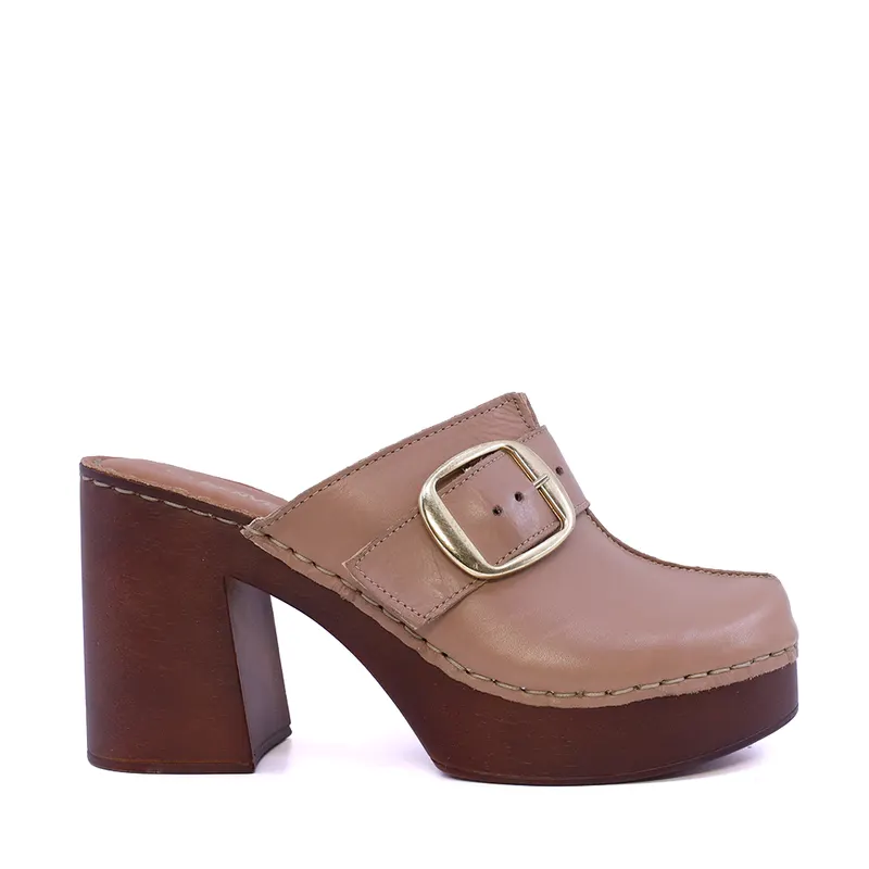 Saboți cu toc femei taupe din piele cu cataramă decorativă 511DST5462TA