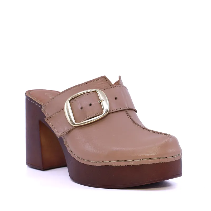 Saboți cu toc femei taupe din piele cu cataramă decorativă 511DST5462TA — imaginea 2