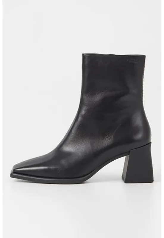 Botine de piele cu varf patrat - Negru