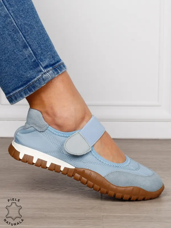 Balerini damă din piele naturală întoarsă și material textil, cu branț din piele naturală CRL1562 ALBASTRU