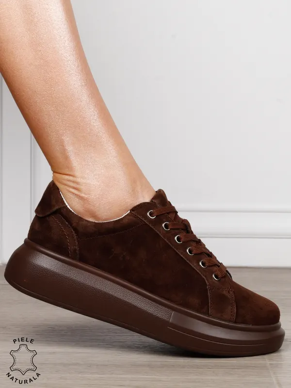 Pantofi Casual Damă din Piele Întoarsă Naturală cu Șiret CRL1802 CAFENIU SUEDE