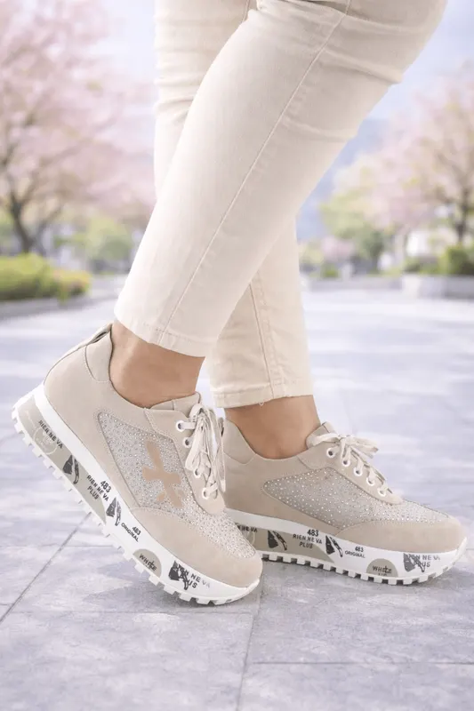 Sneakers Fashion Din Piele cu Strasuri - ZYE BEJ