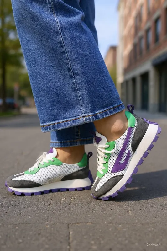 Sneakers din Piele Albi Verde si Mov - CORE LILA