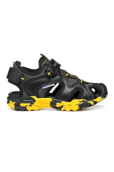Sandale de piele ecologica si material textil cu banda velcro Borealis - Negru/Galben